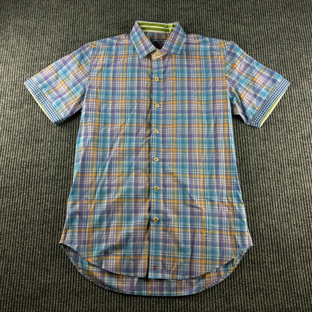 Robert Graham Mens Small Blue Purple Plaid Short Sleeve Button Down Shirt 3054